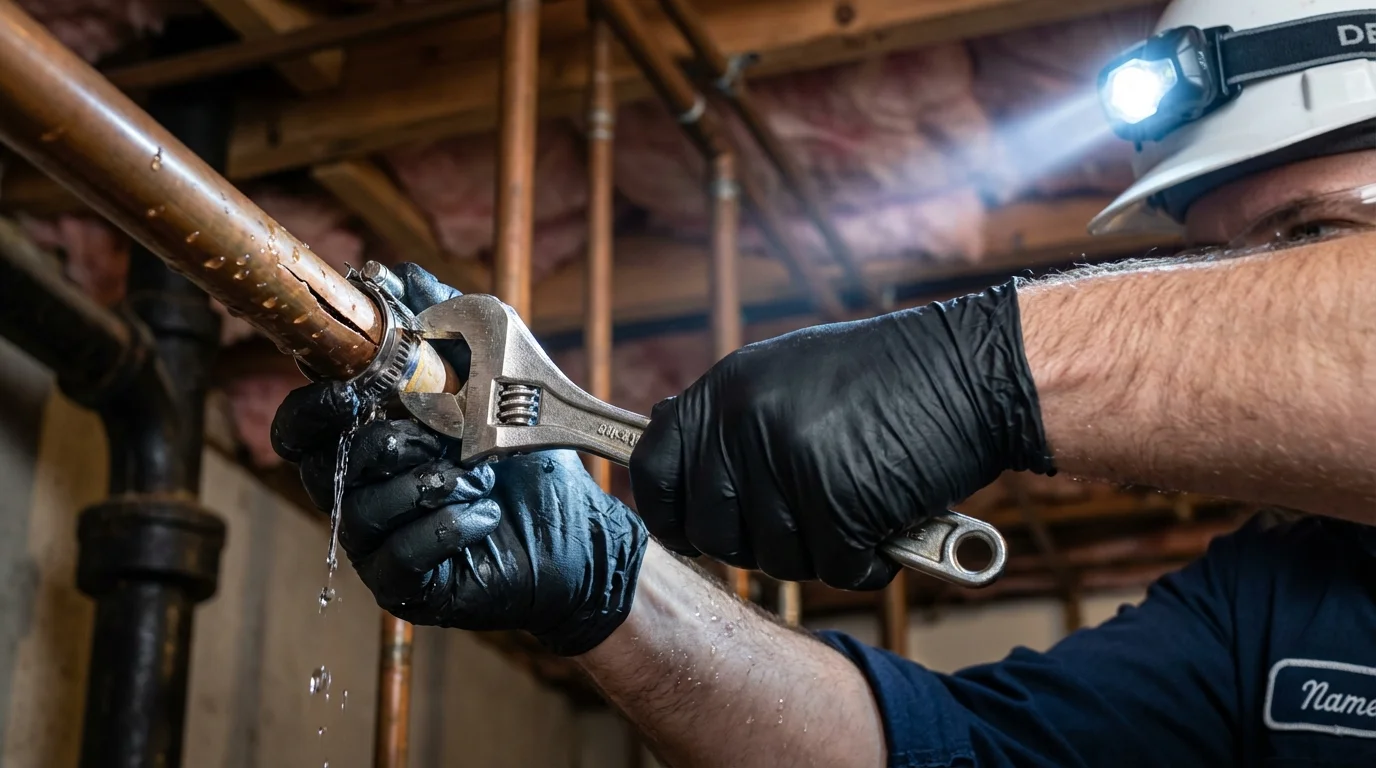 Emergency pipe clamp repair being performed by a Johns Plumbing LLC plumber in Silver City