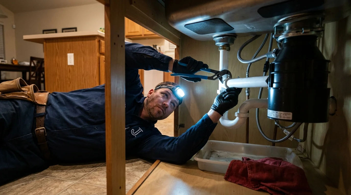 P-trap and supply line connections under a kitchen sink showing a common leak point in Silver City, NM